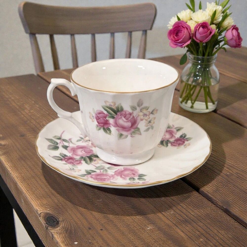 Vintage Crown Trent Bone China Pink Rose Teacup & Saucer England Gold Trim